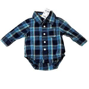 NEW Oshkosh Navy Blue Plaid Button Up Baby Onesie Shirt 6 Months